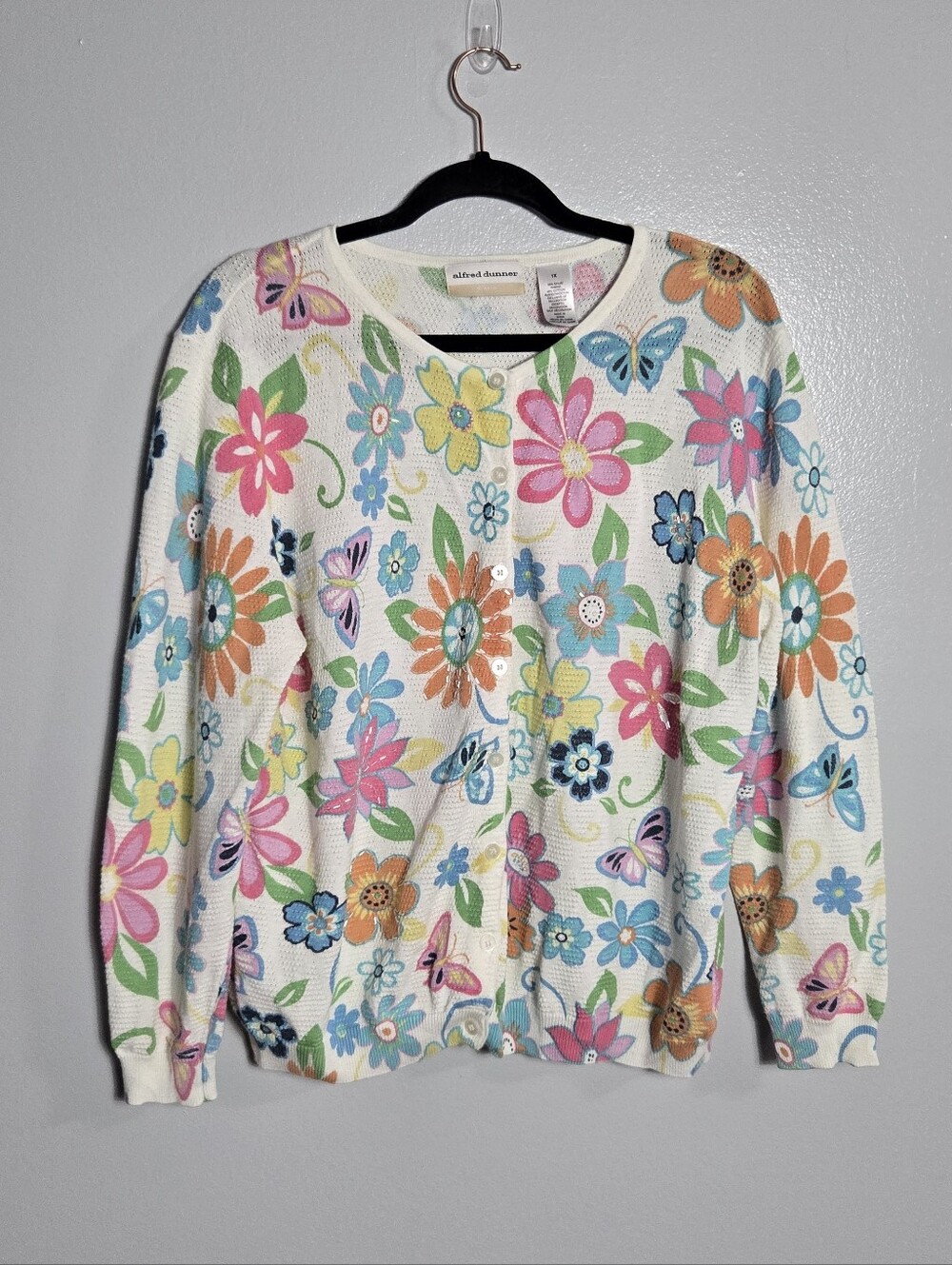 Alfred Dunner Floral Butterfly Cardigan Sweater 1X Plus White Pastel Button Up